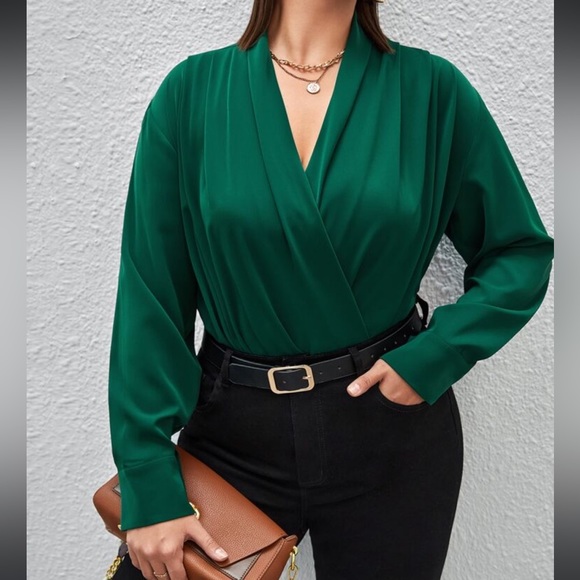 Elegant Classic Surplice Drape Neck Cuff Long Sleeve Top Blouse Shirt Green - Picture 2 of 5